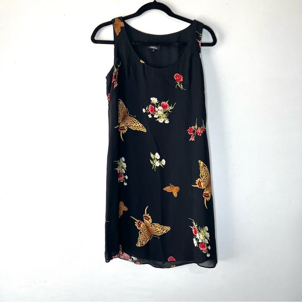 Mica Vintage 90s Moth & Floral Black Midi Dress Lined Waist Tie Gold Red S/M 4